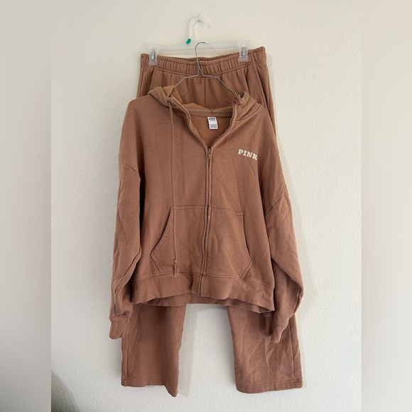 Victoria's Secret Pink Dog Ivy Fleece FullZip Hoodie Campus Pant Set Toffee Sz M - Picture 2 of 16
